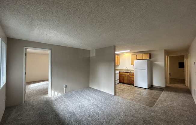 A spacious room with a kitchen area in the background.