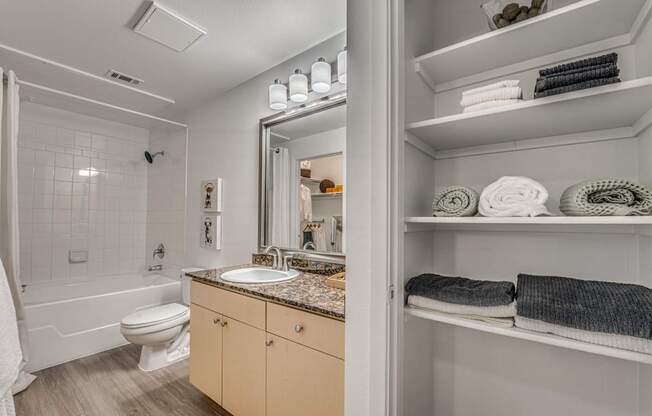 A bathroom with a toilet, sink, and mirror.