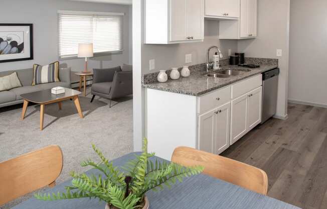 kitchen, dining overlooking living area