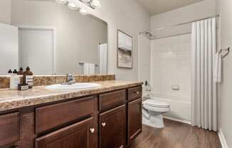 a bathroom with a sink toilet and shower