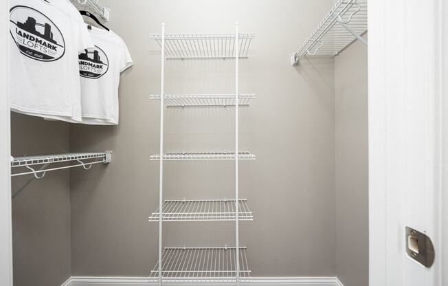 a walk in closet with a wire closet organizer and a shirt hanging on a rack