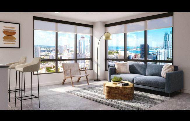 Spacious Living Room Area with Awe-inspiring Views |  Apartments for Rent in Downtown Miami | Grand Station