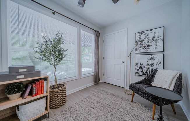 A room with a tree, a chair, a table, and a shelf with books and plants.