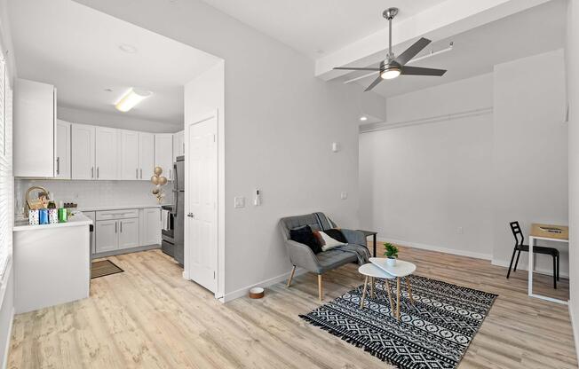 a kitchen with a table in a room