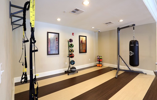 A gym with a punching bag, ropes and weights.