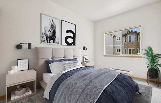 Second bedroom virtually staged with a large bed and a window at the Jackson floor plan at The Madison apartments in Olympia, WA