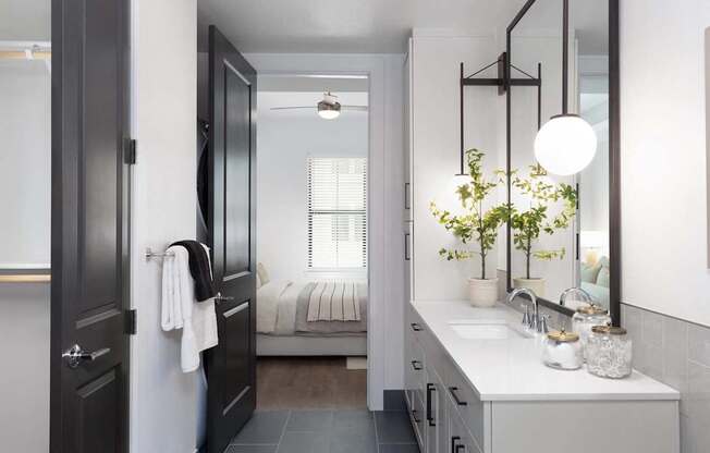 A bathroom with a white counter and a mirror.