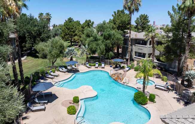 A large swimming pool surrounded by palm trees and lounge chairs.
