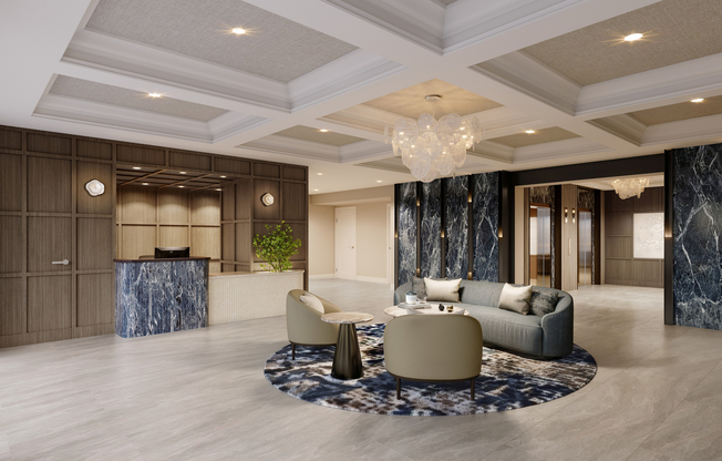 The lobby is undergoing a comprehensive renovation to provide a sophisticated and welcoming first impression. The updated design features contemporary finishes and expanded, comfortable gathering areas—perfect for meeting neighbors or relaxing while waiting for a guest. You’ll also be able to pick up your packages on your schedule with our new self-service package pick up system.