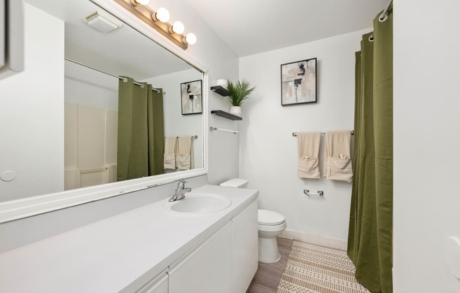 a bathroom with a white sink and a toilet and a green shower curtain