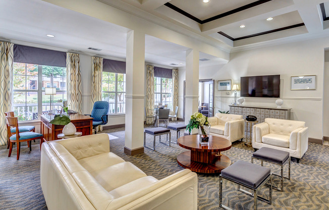 View of Resident Lounge, Showing Seating Area, TV, Desk, and Chairs at Summer Park Apartments
