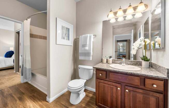 A bathroom with a toilet, sink, and mirror.