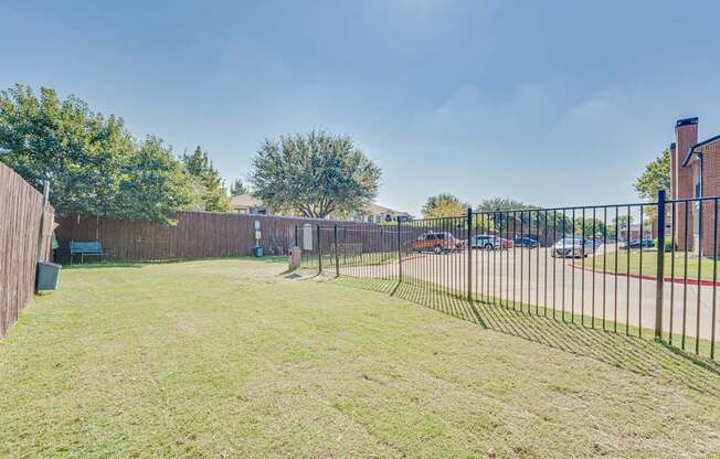 A backyard with a fence and a tree.