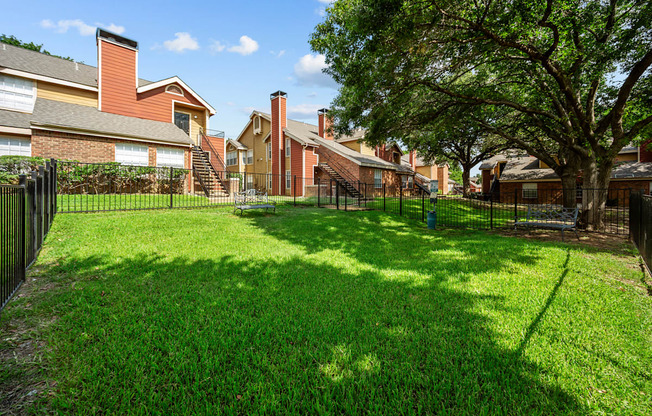 A backyard with a green lawn and a tree.
