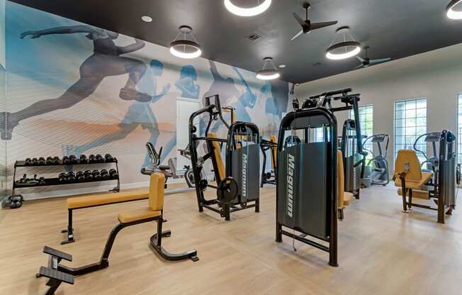 a gym with cardio equipment and a wall mural of exercise equipment at Summerwind, Pearland, TX
