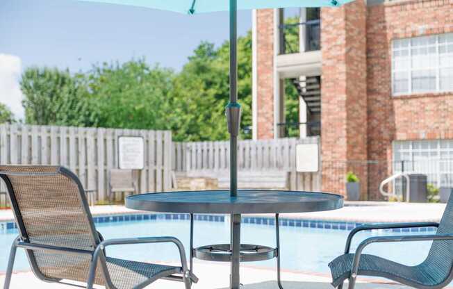 Two chairs and a table are set up by a pool.