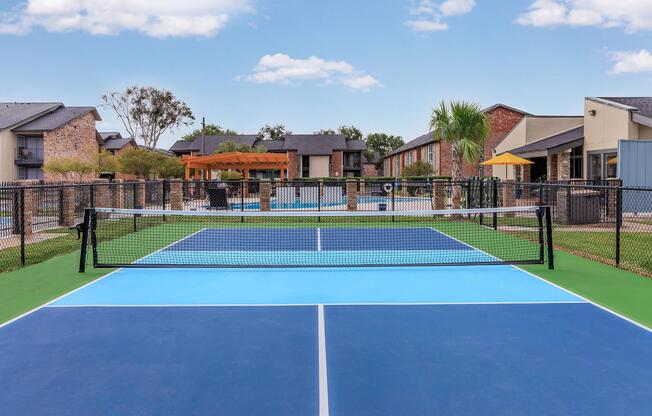 a building with a racket on a court