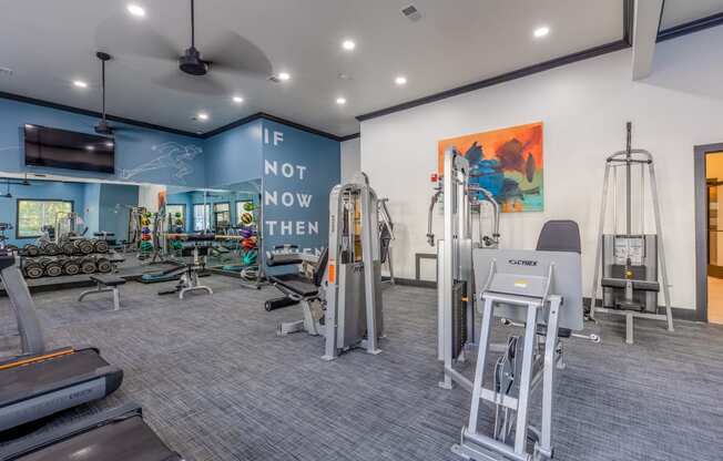 Summermill at Falls River Apartments gym with cardio equipment and weights