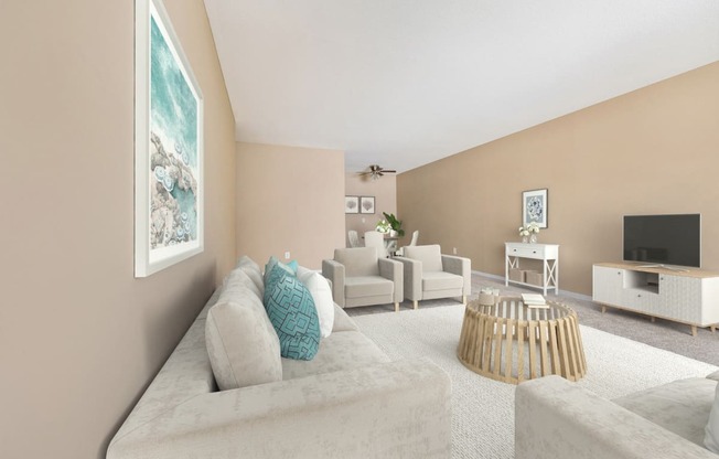 a living room with beige walls