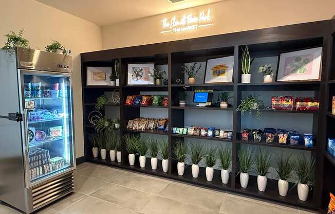 A refrigerator is on the left in a room with a wall of shelves stocked with various items.