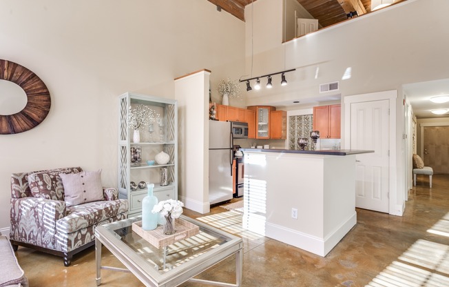 View of Living Room, Showing Seating Area, Decorated, View of Kitchen, Hallway, and Loft Style Bedroom at Alpha Mill Apartments