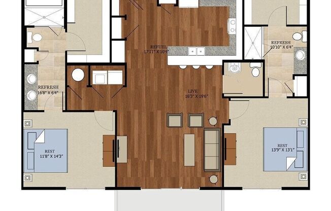 2 beds, 2.5 baths, 1,269 sqft, $3,330, Unit 6116