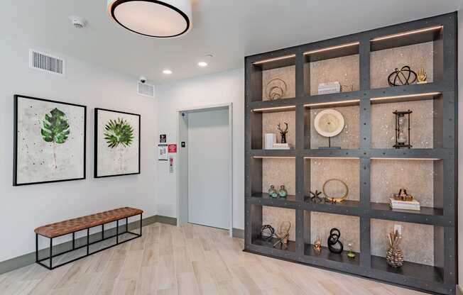 leasing lobby with decorative shelf at Bayswater Apartments, California