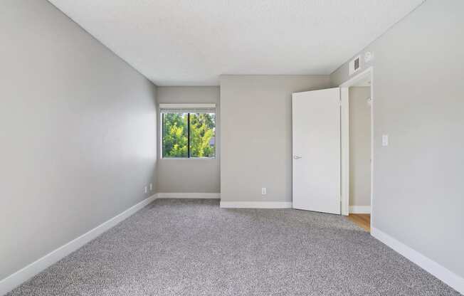 an empty room with carpet and a window