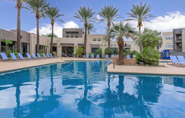 A large swimming pool surrounded by palm trees and lounge chairs.