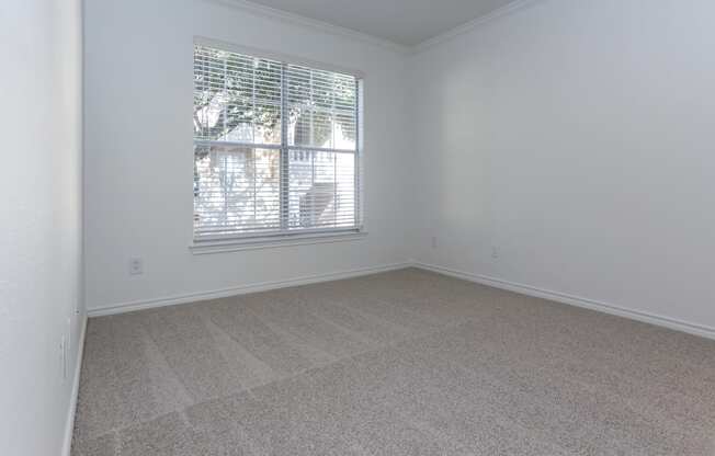 A room with a window covered by white blinds.