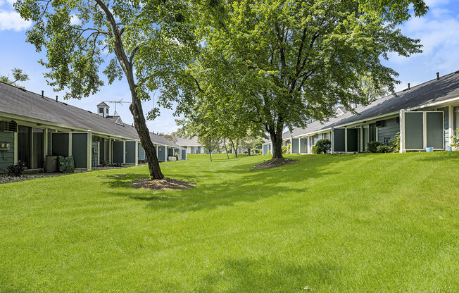 a green yard with mature shade trees at Newport Village Apartments, Portage, MI