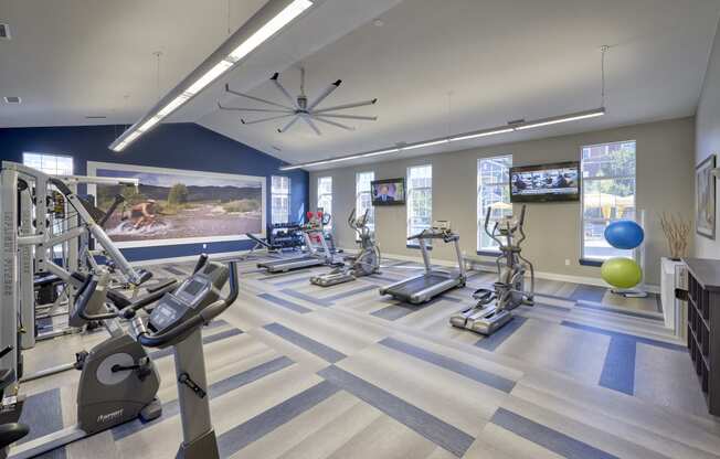 a gym with treadmills and other exercise equipment and a tv on the wall