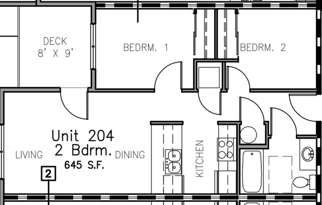 2 beds, 1 bath, 645 sqft, $1,820, Unit 204