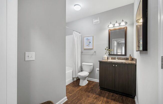 A bathroom with a toilet, sink, and mirror.