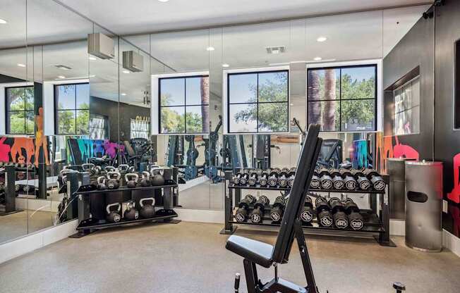 A gym with a variety of equipment including dumbbells and weight machines. at Lazo Apartment Homes, Chandler, AZ 85225