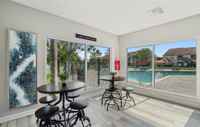 Community clubhouse dining area near swimming pool