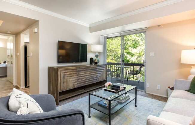 a living room with a couch and a coffee table and a television