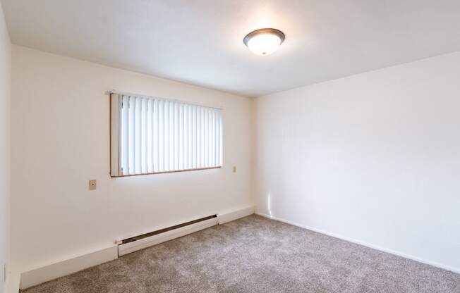 a bedroom with carpet and a window. Fargo, ND Spring Apartments