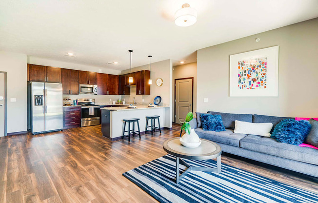 Spacious kitchen and living space in a 2 bedroom apartment for rent at 360 at Jordan West best new apartments West Des Moines IA 50266