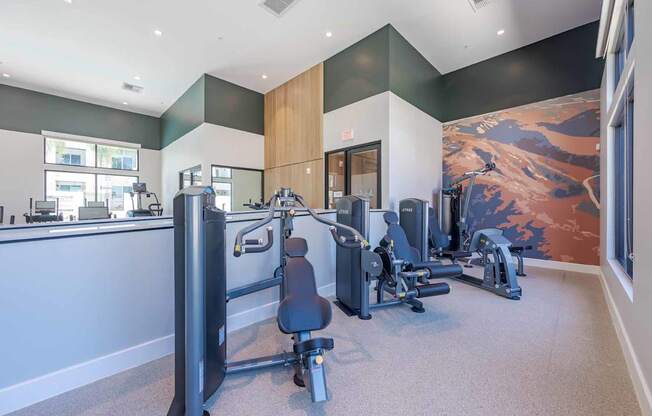 A gym with a variety of equipment including a squat rack, a leg press machine, and a bench press.