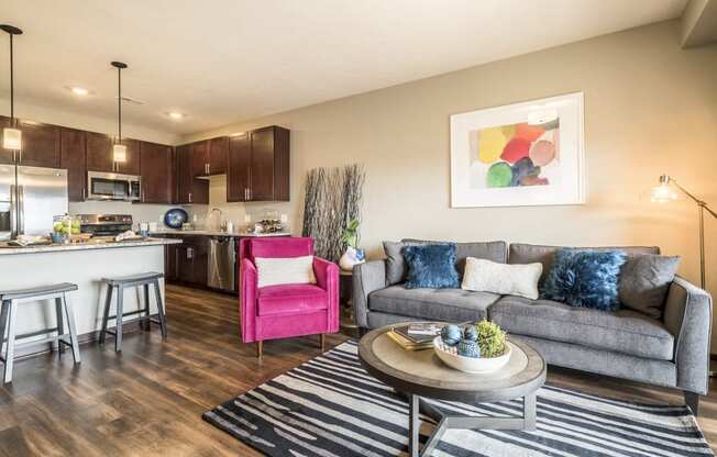 Living room of 1 bedroom apartment for rent at 360 at Jordan West best new apartments West Des Moines IA 50266