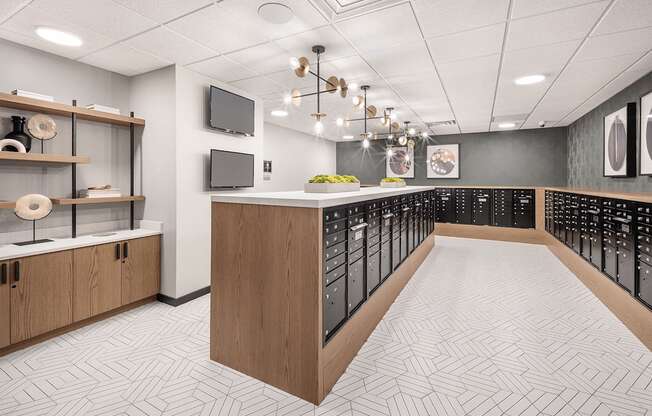 a communal area in a locker room with a row of lockers