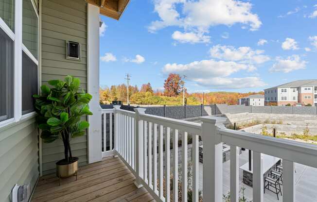 the view from the deck of a home with a potted plant