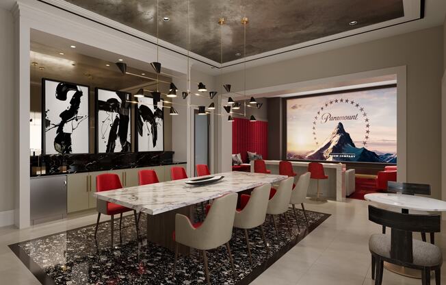 a dining room with a marble table and red chairs at Altis Grand Suncoast, Land O' Lakes, 34638