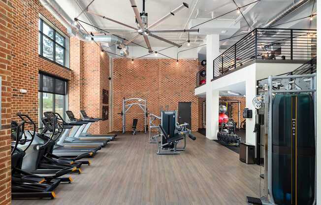 A gym with treadmills, weights and exercise machines.
