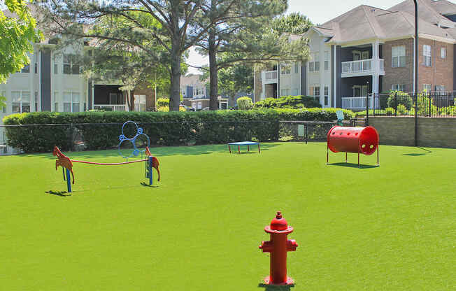 Fenced dog park with artificial turf and agility equipment