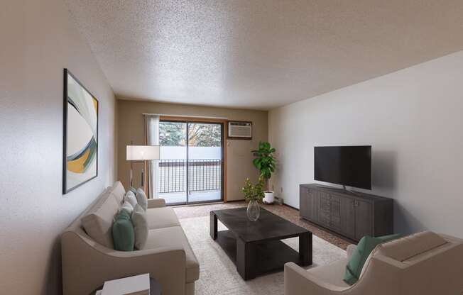 a living room with a couch and a coffee table and a tv. Fargo, ND Long Island Apartments