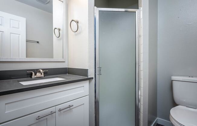 Vantage at Hillsdale | #36 Bathroom with White Cabinetry and Shower