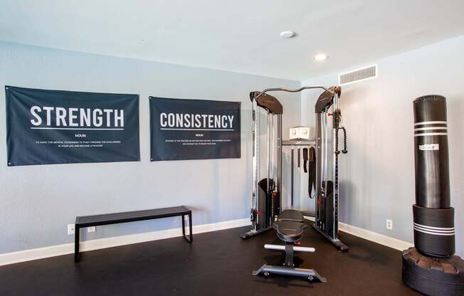 A gym with a bench, weights and a mirror.