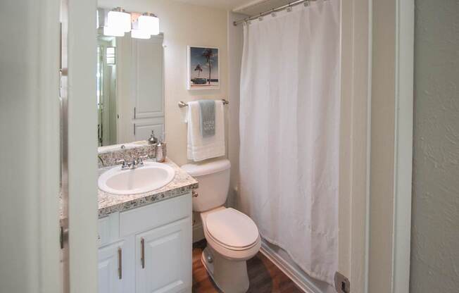 This is a photo of the bathroom in the 558 square foot 1 bedroom, 1 bath model apartment at The Summit at Midtown Apartments in Dallas, TX.